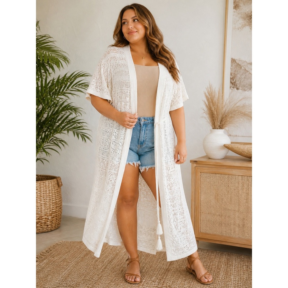 Torrid Ivory Crochet Duster Cardigan Plus Size Boho Coastal